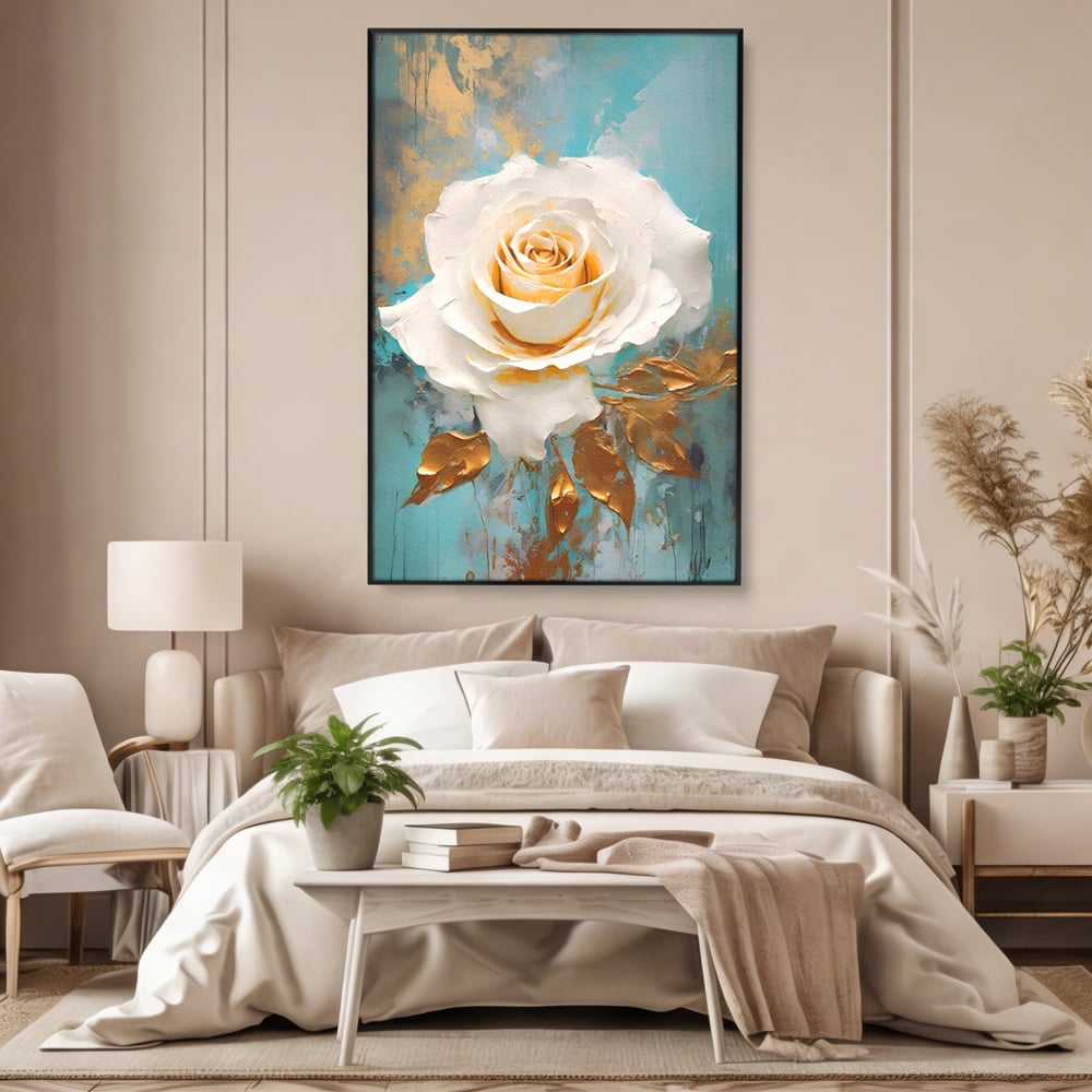Tablou canvas cu tablou canvas cu trandafir alb, in rama de aluminiu negru, pe perete intr-un dormitor